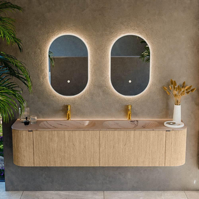 MONDIAZ KURVE-DLUX Meuble de salle de bains 190cm arrondi Gauche + Droite couleur Chêne avec 2 tiroirs et 2 portes. Lavabo STOR SMALL Double 2 trous de robinet Arena.