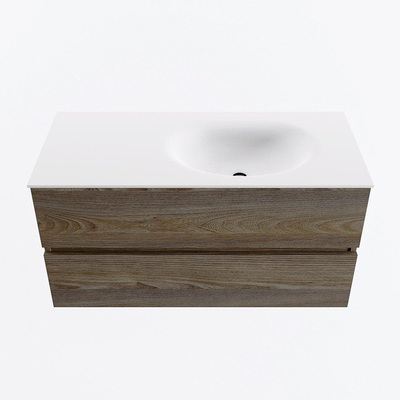 Mondiaz VICA ensemble de meuble de salle de bain - 100cm - meuble sous-vasque marron foncé gris - 2 tiroirs - lavabo lune droite - 1 trou de robinet - version haute de 60cm - talc