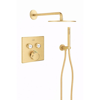 Grohe - Adema Rise Regendoucheset - vierkant - wandaansluitbocht met handdouchehouder - gladde doucheslang - staafhanddouche - wandarm - 25cm hoofddouche - Grohe SmartControl inbouwthermostaat - brushed cool sunrise