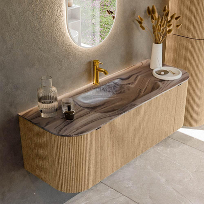 MONDIAZ KURVE-DLUX 130cm badmeubel ronding Links + Rechts kleur Oak met 1 lade en 2 deuren. Wastafel BIG SMALL Midden 1 kraangat Sombra.