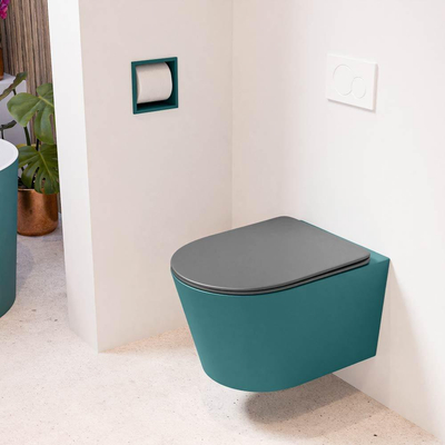 Mondiaz LAVIE hangtoilet – spoelrandloos – 36 x 53 cm – met softclose zitting – Smag (groen), zitting Dark grey (grijs)