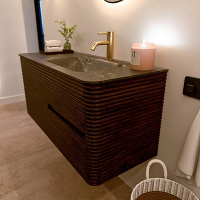 Mondiaz CIRO-DLUX Ensemble de meubles de salle de bains - 110x45x50cm - Lavabo en solid surface Lava - 1 vasque à droite - 1 trou de robinet - 2 tiroirs - Noyer