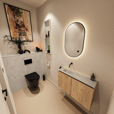 MONDIAZ TURE-DLUX Meuble toilette - 80cm - Washed Oak - EDEN - vasque Opalo - position gauche - sans trou de robinet