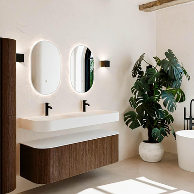 MONDIAZ THOR 140cm meuble de salle de bains arrondi gauche + droite couleur Walnut avec 1 tiroir et 2 portes. Vasque suspendue CLOUD Double 2 trous de robinet couleur Talc.