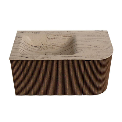 MONDIAZ KURVE-DLUX 85cm badmeubel ronding Rechts kleur Walnut met 1 lade en 1 deur. Wastafel CLOUD Links zonder kraangat Arena.