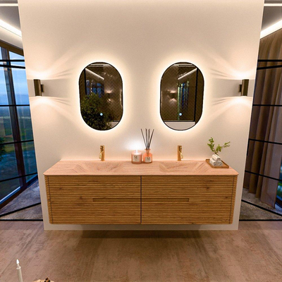 Mondiaz CIRO-DLUX Badkamermeubelset - 180x45x50cm - Solid surface wastafel Saba - 2 wasbak Dubbel - 2 kraangaten - 4 lades - Oak