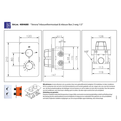 Best Design Verona inbouwthermostaat & inb.box 2 functies 1/2 ronde knoppen