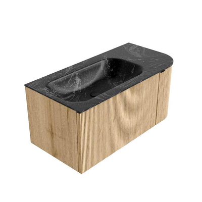 MONDIAZ KURVE-DLUX Meuble de salle de bains 95 cm avec module 25 R couleur Oak avec 1 tiroir et 1 porte. Lavabo BIG SMALL gauche sans trou de robinet couleur Lava.