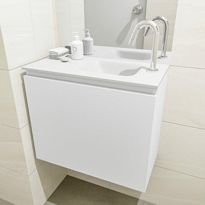 Mondiaz OLAN Meuble lave-mains 60x30x40cm 1 trou de robinet 1 tiroir Talc mat avec lavabo LEX Droite Solid Surface Blanc