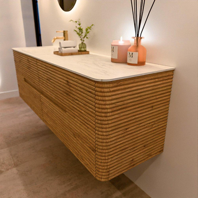 Mondiaz CIRO-DLUX Ensemble de meubles de salle de bains - 160x45x50cm - Plan vasque solid surface Opalo - 1 vasque à gauche - 1 trou de robinet - 4 tiroirs - Chêne