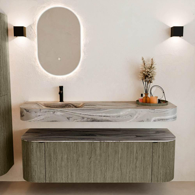 MONDIAZ THOR-DLUX 150cm meuble de salle de bains arrondi gauche + droite couleur Shadow avec 1 tiroir et 2 portes. Vasque suspendue CLOUD Gauche 1 trou de robinet couleur Sombra.