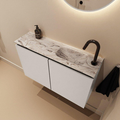 MONDIAZ TURE-DLUX Meuble de toilettes 80 cm Linen. EDEN lavabo Glace position à droite. Avec 1 trou de robinet.