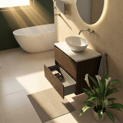 Saniclass Holz Pure Ensemble de meuble de salle de bains - 80x45x62.5cm - Plan de toilette Torino en solid surface blanc - sans trou de robinet - 2 tiroirs - chêne charcoal mat (bois)