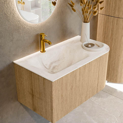 MONDIAZ KURVE-DLUX 85cm Meuble salle de bain avec module 25 D - couleur Oak - 1 tiroir - 1 porte - vasque CLOUD gauche - 1 trou de robinet - couleur Frappe