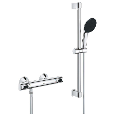 GROHE Precision Flow Ensemble de douche - robinet de douche thermostatique - avec ensemble barre de douche - 60cm - douchette à main ronde - 1 jet - flexible de douche lisse - chromé