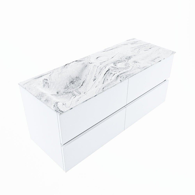 Mondiaz VICA-DLUX Ensemble de meuble de salle de bain - 120cm - meuble sous-vasque talc - 4 tiroirs - lavabo encastré cloud gauche - sans trous de robinet - version haute de 60cm - glace