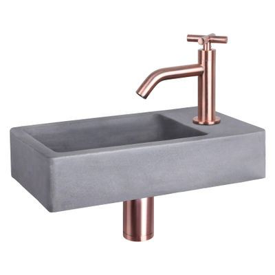 Differnz Force kit lave-mains - 40x22x8cm - Rectangulaire - 1 trou de robinet - Robinet en cuivre rose courbé - poignée croix - Béton Gris