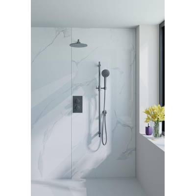 Fortifura Calvi Ensemble de douche pluie encastrable - thermostatique - bras mural - pommeau 25cm - barre curseur - douchette ronde - flexible en métal - Gunmetal