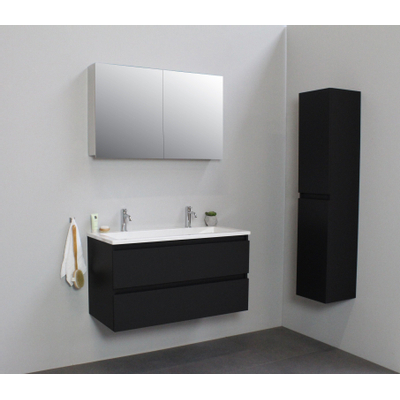 Basic Bella Meuble salle de bains avec lavabo acrylique Blanc avec armoire toilette 2 portes gris 100x55x46cm 2 trous de robinet Noir mat