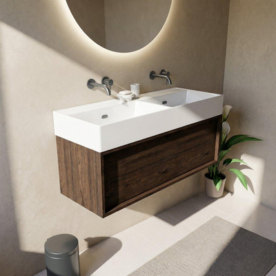 Saniclass Holz Frame Ensemble meuble de salle de bains - 120x45x52cm - Legend lavabo en céramique blanc - 2 vasques - sans trous de robinetterie - 1 tiroir - chêne charcoal mat (bois)