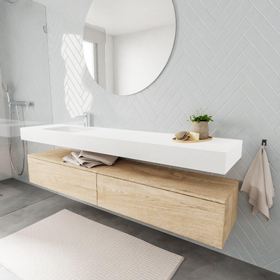 MONDIAZ ALAN 200cm - meuble bas - chêne blanchi - 2 tiroirs - lavabo suspendu - vasque à gauche - 1 trou de robinet - talc