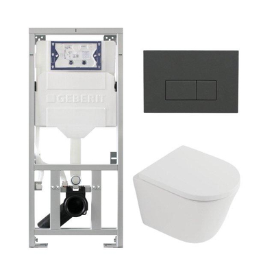 QeramiQ Dely Toiletset - 36.3x51.7cm - diepspoel - rimless - Geberit UP320 inbouwreservoir - softclose toilet zitting 35 mm - bedieningsplaat antraciet mat - rechthoekige knoppen - mat wit