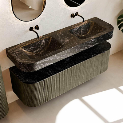 MONDIAZ THOR-DLUX 150cm meuble de salle de bains arrondi gauche + droite couleur Shadow avec 1 tiroir et 2 portes. Vasque suspendue CLOUD Double sans trou de robinet couleur Lava.