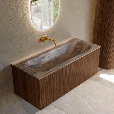 MONDIAZ KURVE-DLUX 110cm badmeubel kleur Walnut met 1 lade en 0 deuren. Wastafel BIG MEDIUM Midden zonder kraangat Oza.