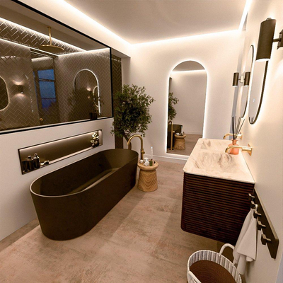 Mondiaz CIRO-DLUX Ensemble de meubles de salle de bains - 130x45x50cm - Vasque en solid surface Frappe - 2 bacs Double - sans trous de robinet - 4 tiroirs - Noyer