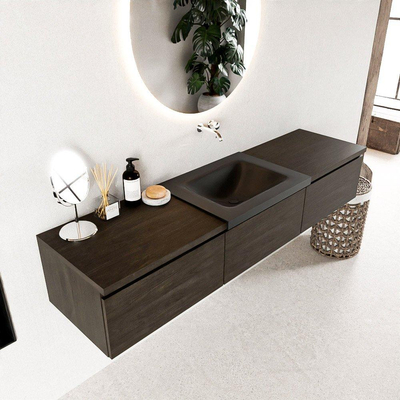 MONDIAZ BUKLA 180cm badmeubel met module 60 kleur Dark Brown met 3 lades. Wastafel CLOUD midden 0 kraangaten kleur Urban.