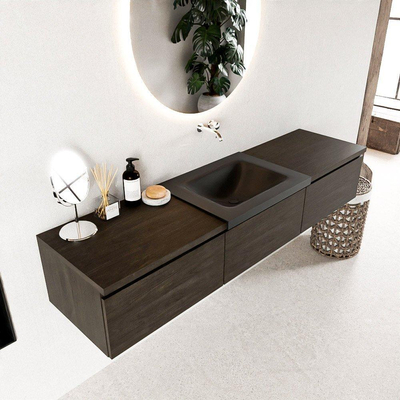 Mondiaz bukla ensemble de meubles de salle de bain 180x45x34cm 0 robinets lavabo moyen surface solide urbaine sans poignée 3 tiroirs avec fermeture douce mélamine marron foncé