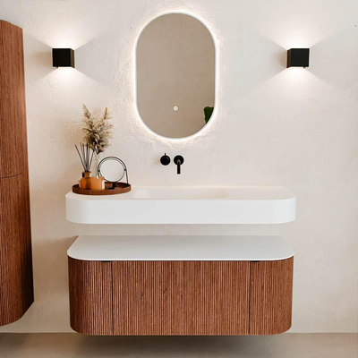MONDIAZ THOR 120cm meuble de salle de bains arrondi gauche + droite couleur Ruby avec 1 tiroir et 2 portes. Vasque suspendue CLOUD Milieu sans trou de robinet couleur Talc.