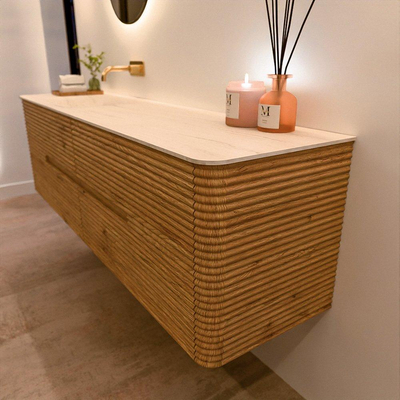 Mondiaz CIRO-DLUX Badkamermeubelset - 170x45x50cm - Solid surface wastafel Meli - 1 wasbak Links - zonder kraangaten - 4 lades - Oak