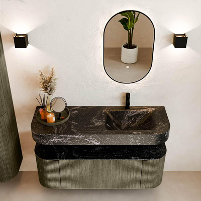 MONDIAZ THOR-DLUX 130cm meuble de salle de bains arrondi gauche + droite couleur Shadow avec 1 tiroir et 2 portes. Vasque suspendue CLOUD Droite 1 trou de robinet couleur Lava.