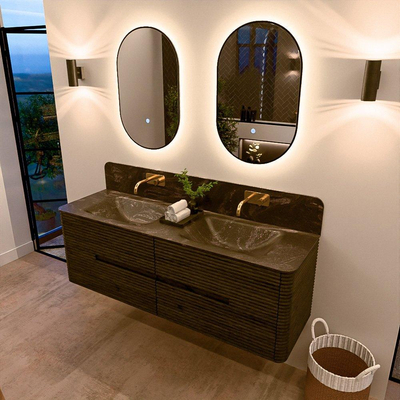 Mondiaz CIRO-DLUX Badkamermeubelset - 150x45x50cm - Solid surface wastafel Lava - 2 wasbak Dubbel - zonder kraangaten - 4 lades - Shadow