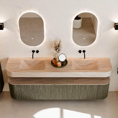 MONDIAZ THOR-DLUX Meuble de salle de bains - 200cm - arrondi gauche + droite - couleur Shadow - 2 tiroirs - 2 portes - Vasque suspendue CLOUD Double sans trou de robinet - couleur Saba