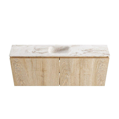 MONDIAZ TURE-DLUX Meuble de toilette 120cm Washed Oak. Lavabo EDEN Frappe position milieu. Avec 1 trou de robinet.