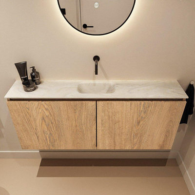 MONDIAZ TURE-DLUX meuble WC 120 cm Washed Oak. Lavabo EDEN Ostra position milieu. Sans trou de robinet.