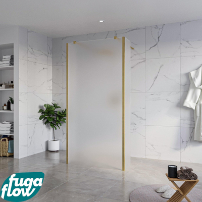 FugaFlow Eccelente Vetro Vrijstaande inloopdouche badkamer - 100x200cm - Glas mat - antikalk - 8mm veiligheidsglas - 2 zijwanden 30cm - met wandarmen en hoekprofielen - Messing geborsteld (goud) -
