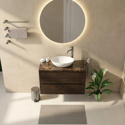 Saniclass Holz Pure Ensemble meuble de salle de bains - 100x45x63cm - Plan en pierre naturelle Noche dark emperador - 1 trou de robinet - 2 tiroirs - chêne charcoal mat (bois)