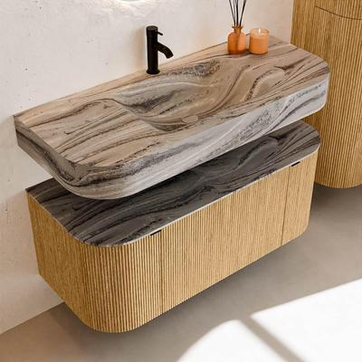MONDIAZ THOR-DLUX 110cm badmeubel ronding links + rechts kleur Oak met 1 lade en 2 deuren. Vrijhangende wastafel CLOUD Midden 1 kraangat kleur Sombra.