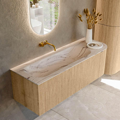 MONDIAZ KURVE-DLUX 135cm badmeubel ronding Rechts kleur Oak met 1 lade en 1 deur. Wastafel BIG MEDIUM Links zonder kraangat Nata.