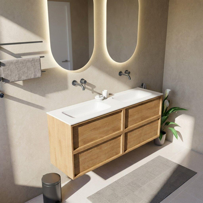 Saniclass Holz Frame Ensemble de meubles de salle de bains - 160x45x61.5cm - Flow lavabo en solid surface blanc - 2 vasques - sans trous de robinetterie - 4 tiroirs - chêne natural mat (bois)