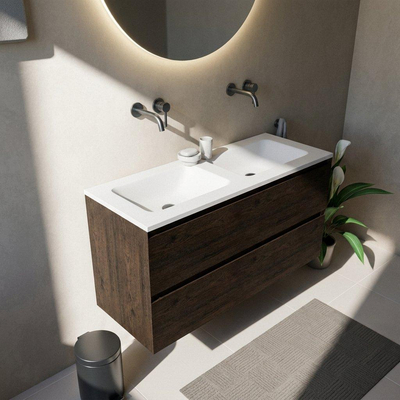 Saniclass Holz Pure Ensemble de meubles de salle de bains - 120x45x77.5cm - Lavabo Torino en solid surface blanc - sans trou de robinetterie - 4 tiroirs - chêne charcoal mat (bois)