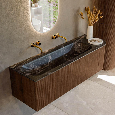 MONDIAZ KURVE-DLUX 145cm badmeubel met module 25 R kleur Walnut met 1 lade en 1 deur. Wastafel BIG LARGE links zonder kraangat kleur Lava.
