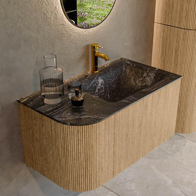 MONDIAZ KURVE-DLUX 85cm Meuble salle de bain avec module 25 G - couleur Oak - 1 tiroir - 1 porte - vasque CLOUD droite - 1 trou de robinet - couleur Lava