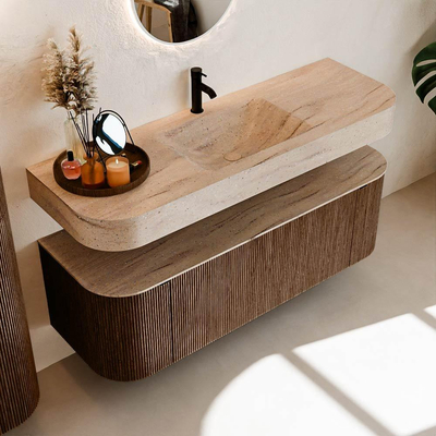 MONDIAZ THOR-DLUX 140cm badmeubel ronding links + rechts kleur Walnut met 1 lade en 2 deuren. Vrijhangende wastafel CLOUD Midden 1 kraangat kleur Saba.