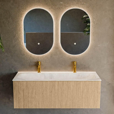 MONDIAZ KURVE-DLUX 120cm badmeubel kleur Oak met 1 lade. Wastafel BIG LARGE midden 2 kraangaten kleur Frappe.