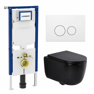QeramiQ Dely Swirl Toiletset - 36.3x51.7cm - Geberit UP720 Duofix Sigma inbouwreservoir - 35mm zitting - metalen bedieningsplaat mat wit - ronde knoppen - mat zwart