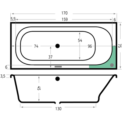 Xenz Aruba Baignoire - 170x75x48 - bonde Centrale - trop-plein autre côté - acrylique - blanc mat